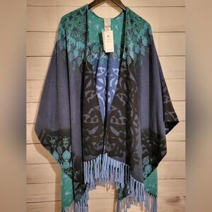 NWT Chico's Women's Scarf Shawl Wrap Reversible One Size Fringe Blue Black